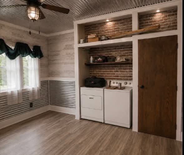Remodeled laundry room with brick accent wall and built-in shelving